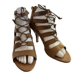 Tahari Size 8M Tan Suede Lace up Gladiator Camila Strappy Heels Back Zip Shoes